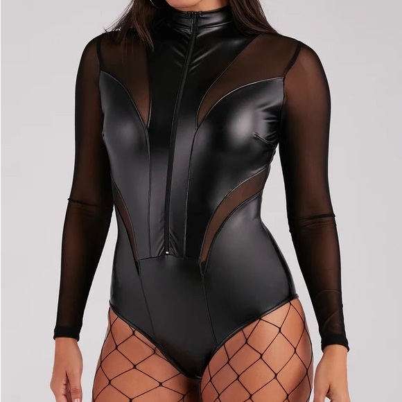 NEW NWT Windsor Black Mesh Sleeve Bodysuit Halloween cop cat motorcycle costume - Picture 1 of 10